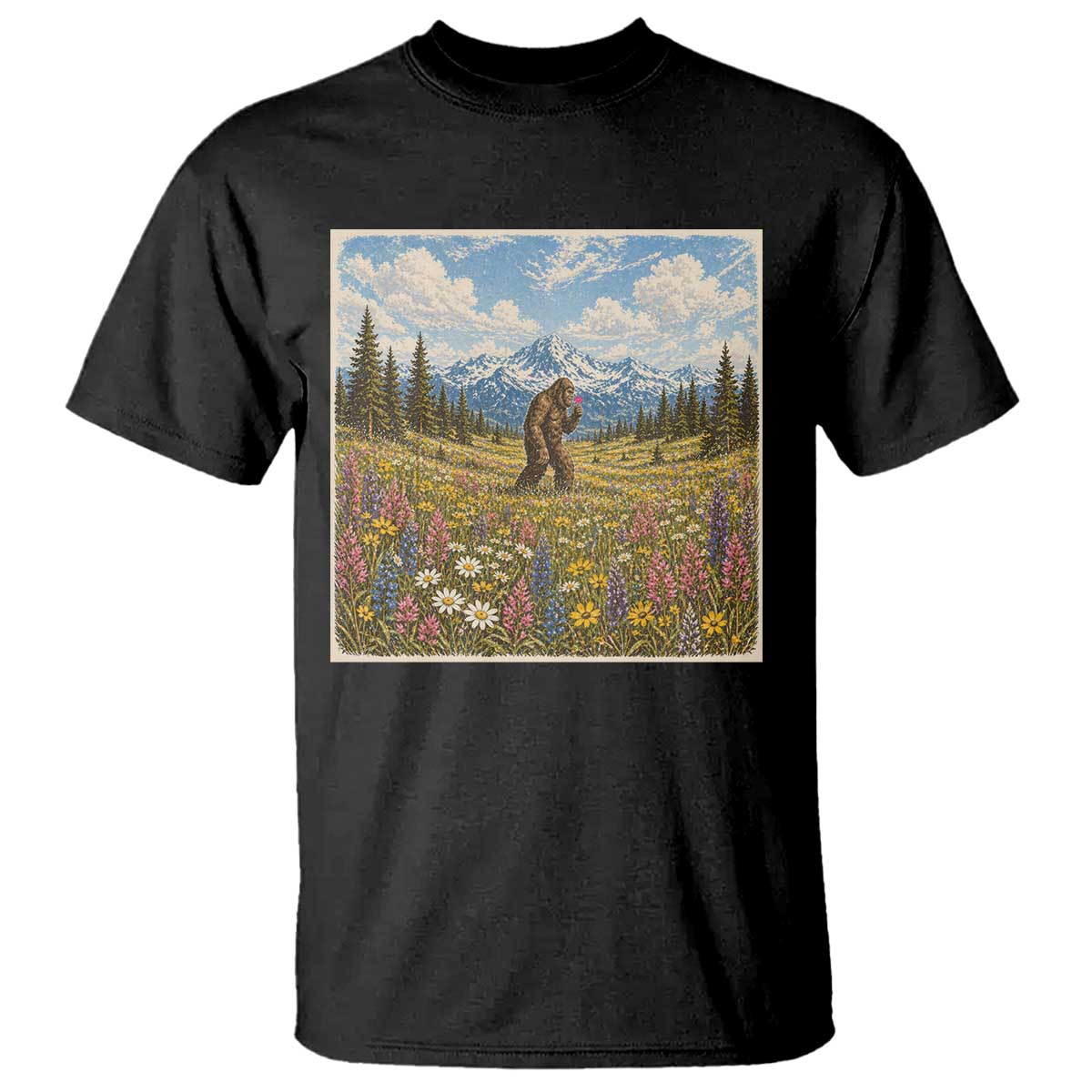 Retro Bigfoot Wildflower T Shirt Vintage Sasquatch Funny Cryptid TS10 Black Print Your Wear