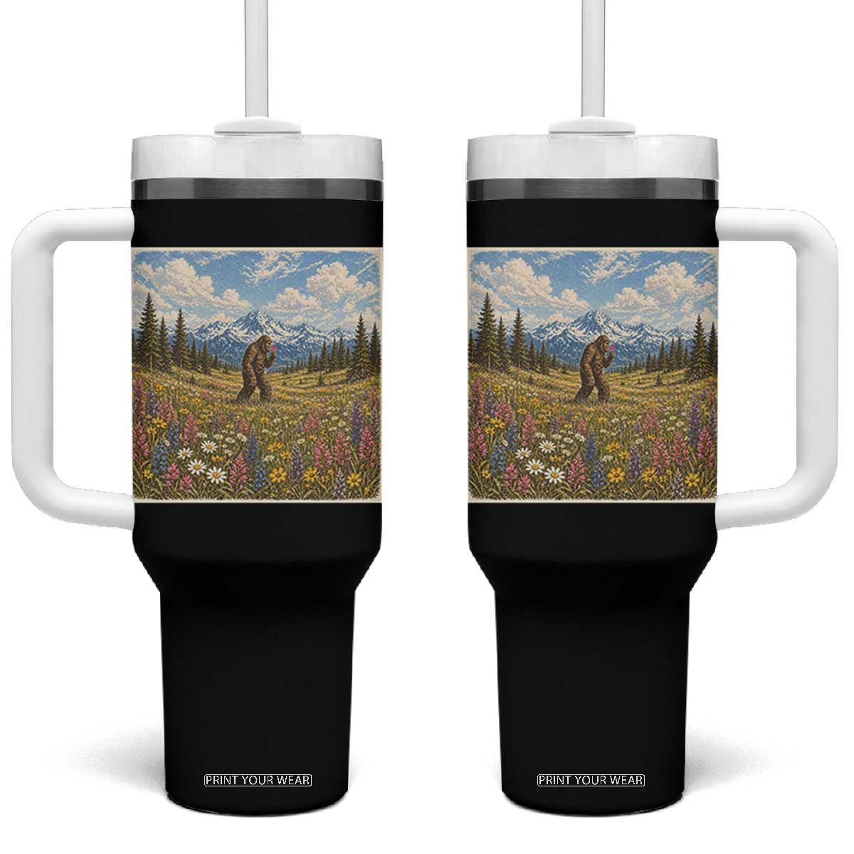 Retro Bigfoot Wildflower Tumbler With Handle Vintage Sasquatch Funny Cryptid TS10 One Size: 40 oz Black Print Your Wear