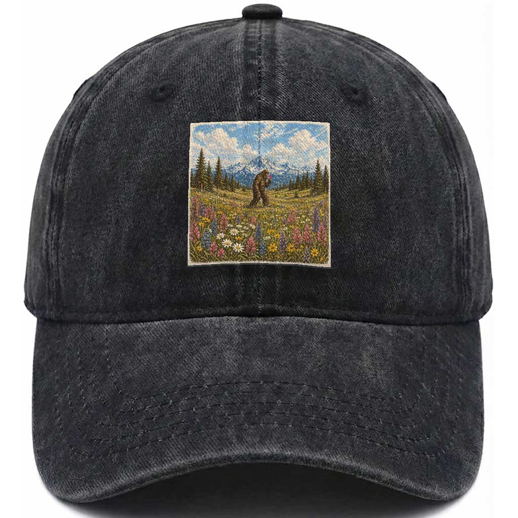 Retro Bigfoot Wildflower Washed Cotton Baseball Cap Vintage Sasquatch Funny Cryptid TS10 Print Your Wear