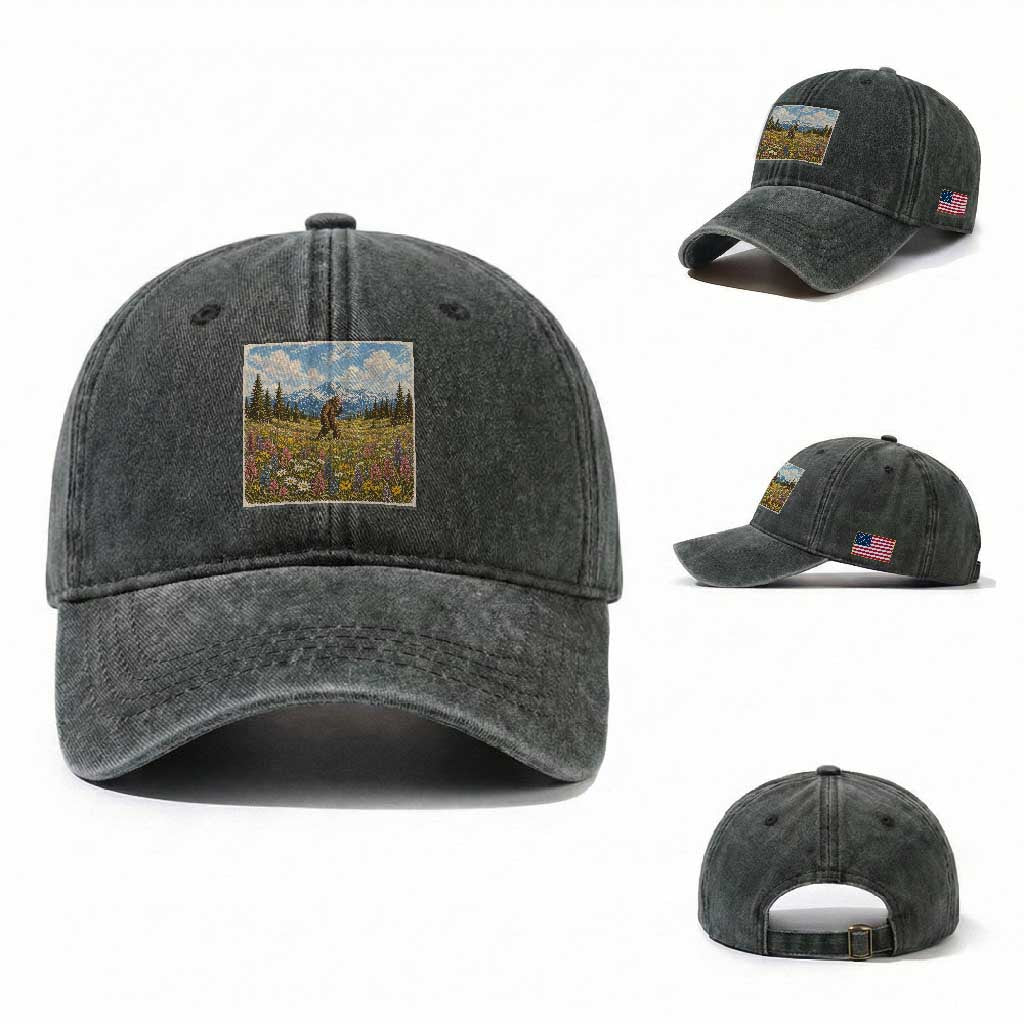 Retro Bigfoot Wildflower Washed Cotton Baseball Cap Vintage Sasquatch Funny Cryptid TS10 Washed Cap Universal Fit Dark Green Print Your Wear
