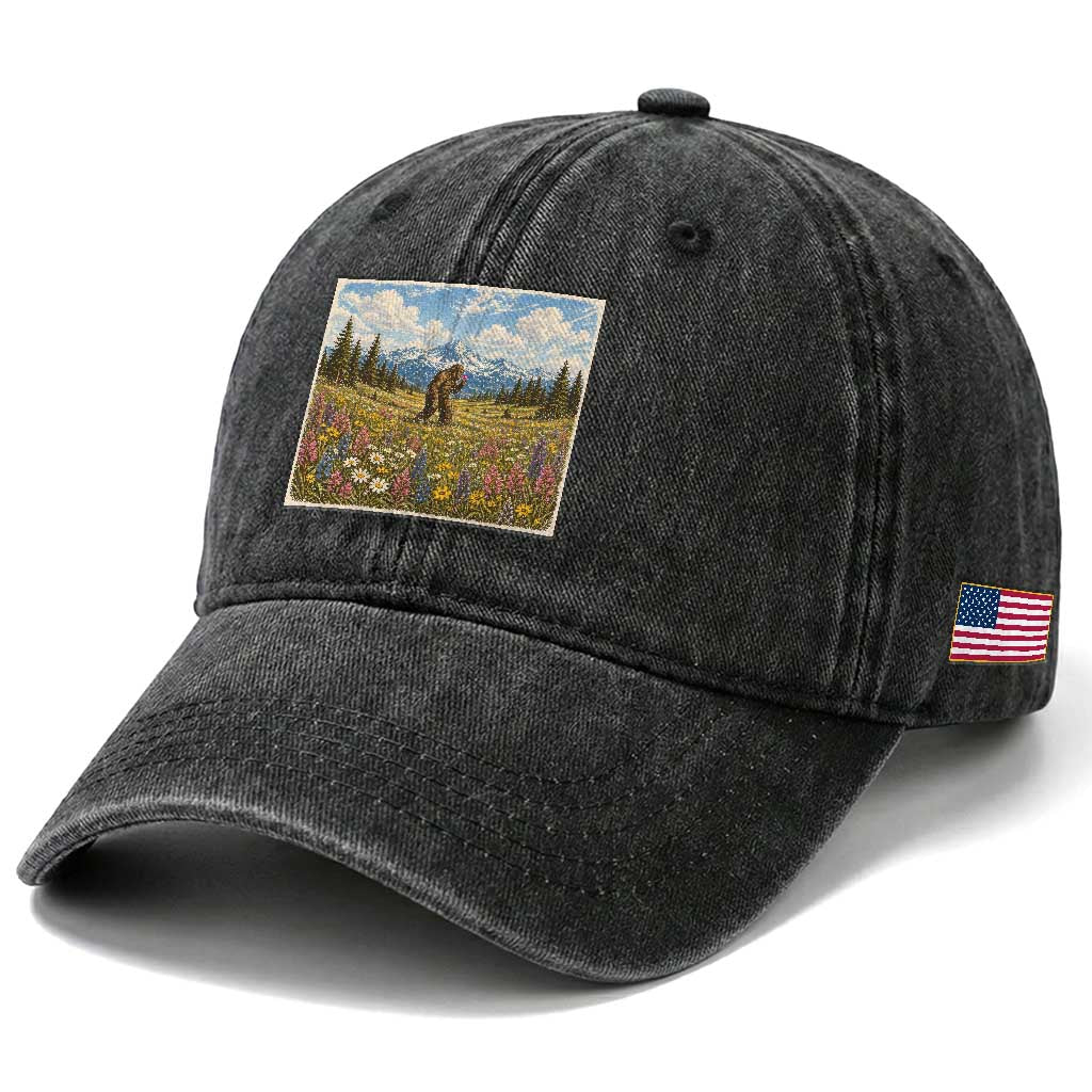 Retro Bigfoot Wildflower Washed Cotton Baseball Cap Vintage Sasquatch Funny Cryptid TS10 Print Your Wear
