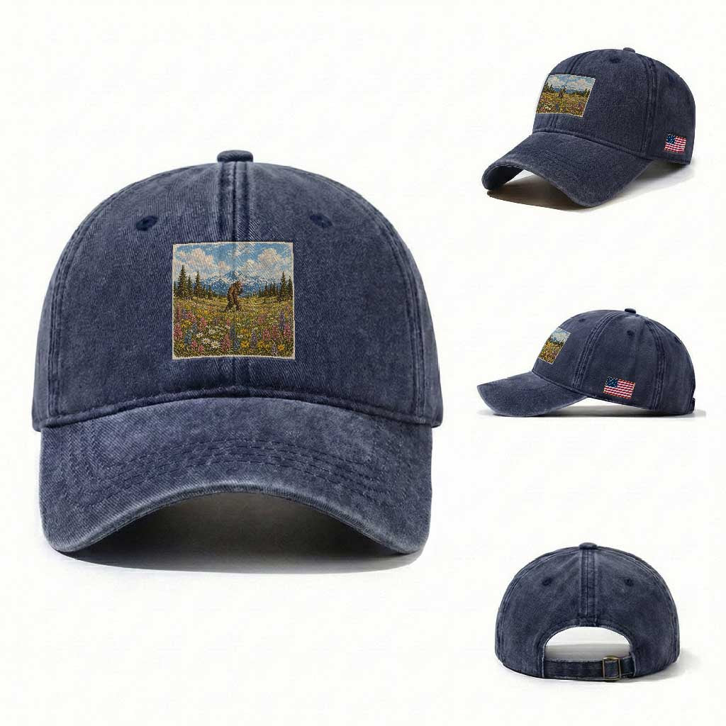 Retro Bigfoot Wildflower Washed Cotton Baseball Cap Vintage Sasquatch Funny Cryptid TS10 Washed Cap Universal Fit Navy Print Your Wear