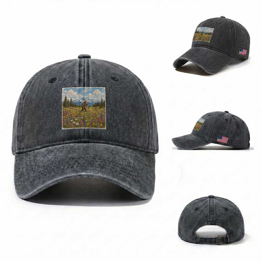 Retro Bigfoot Wildflower Washed Cotton Baseball Cap Vintage Sasquatch Funny Cryptid TS10 Washed Cap Universal Fit Dark Gray Print Your Wear