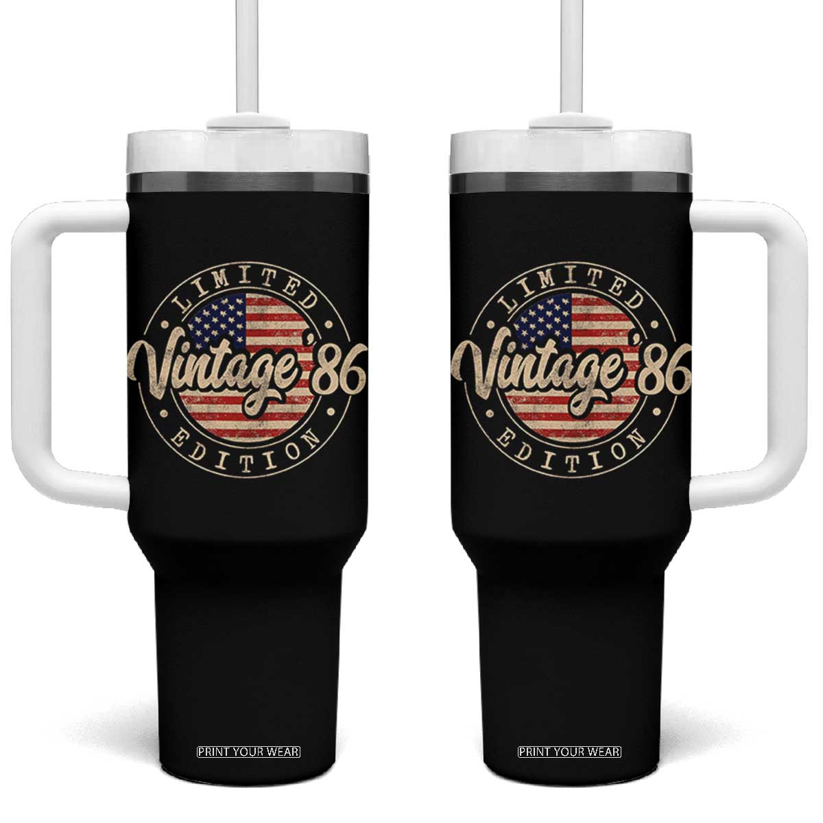 Vintage 1986 Stamp Tumbler With Handle Funny 40th Birthday USA Flag 40 Year Old Bday TS10 One Size: 40 oz Black Print Your Wear