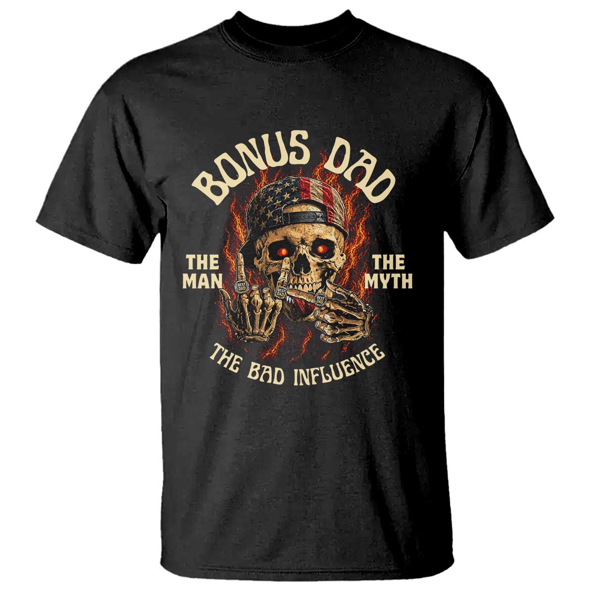 Bonus Dad T Shirt The Man Myth Bad Influence Step Dad Vintage Skull USA Flag TS10 Black Print Your Wear