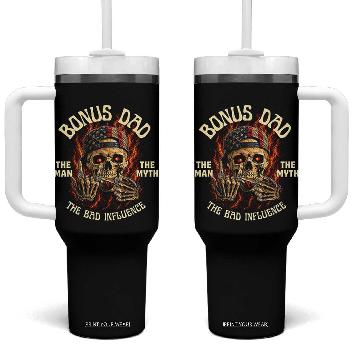 Bonus Dad Tumbler With Handle The Man Myth Bad Influence Step Dad Vintage Skull USA Flag TS10 One Size: 40 oz Black Print Your Wear