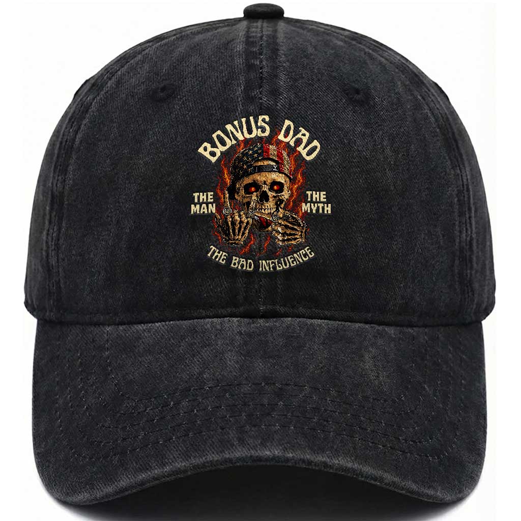 Bonus Dad Washed Cotton Baseball Cap The Man Myth Bad Influence Step Dad Vintage Skull USA Flag TS10 Print Your Wear