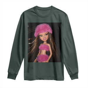 Funny Disgusting Doll Face Meme Long Sleeve Shirt Expression Hilarious Sarcastic TS10 Dark Forest Green Print Your Wear