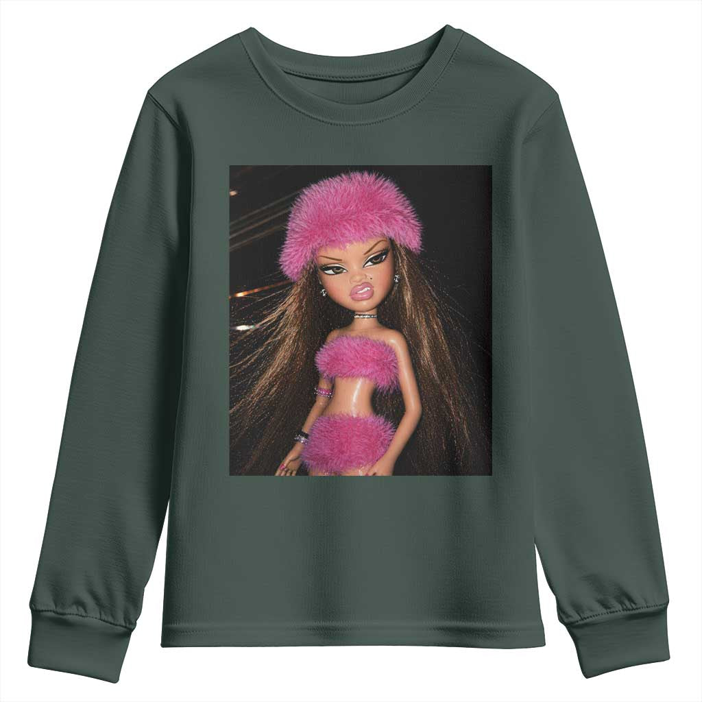 Funny Disgusting Doll Face Meme Youth Sweatshirt Expression Hilarious Sarcastic TS10 Dark Forest Green Print Your Wear