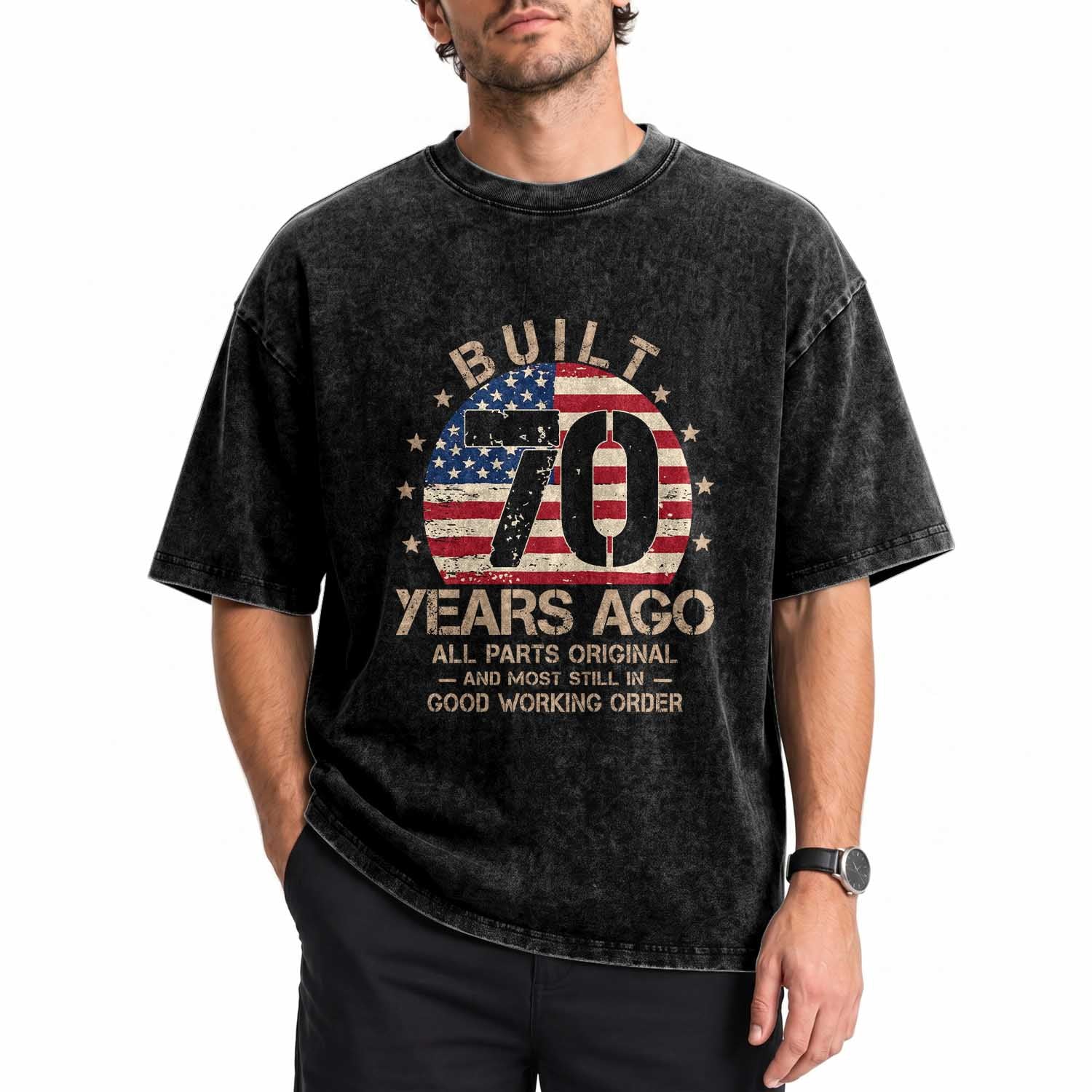 Funny 70th Birthday Washed Cotton T-Shirt Vintage US Flag Built 70 Years Ago Parts Original