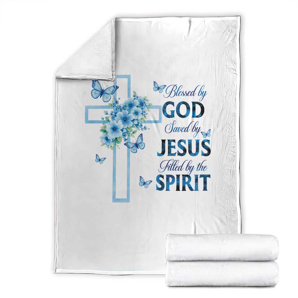 Christian Jesus Throw Blanket Blessed By God Saved By Jesus Blue Floral Cross Butterfly Art TS10 White Print Your Wear