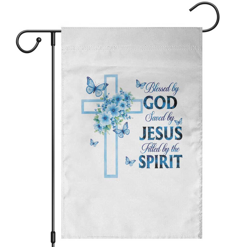 Christian Jesus Garden Flag Blessed By God Saved By Jesus Blue Floral Cross Butterfly Art TS10 White Print Your Wear