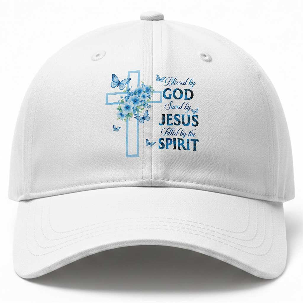 Christian Jesus Baseball Cap Blessed By God Saved By Jesus Blue Floral Cross Butterfly Art TS10 Print Your Wear