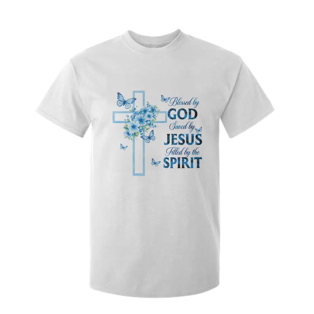 Christian Jesus T Shirt For Kid Blessed By God Saved By Jesus Blue Floral Cross Butterfly Art TS10 White Print Your Wear