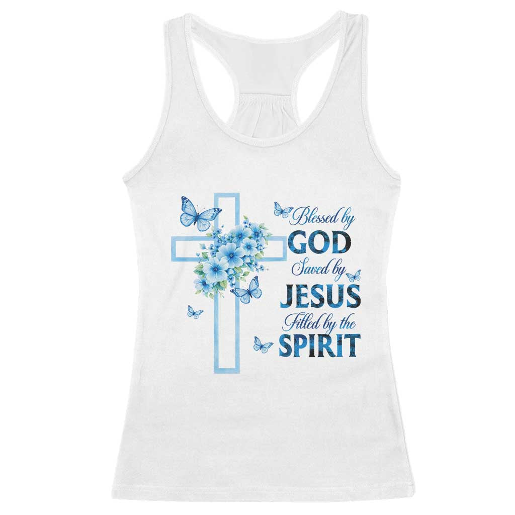 Christian Jesus Racerback Tank Top Blessed By God Saved By Jesus Blue Floral Cross Butterfly Art TS10 White Print Your Wear