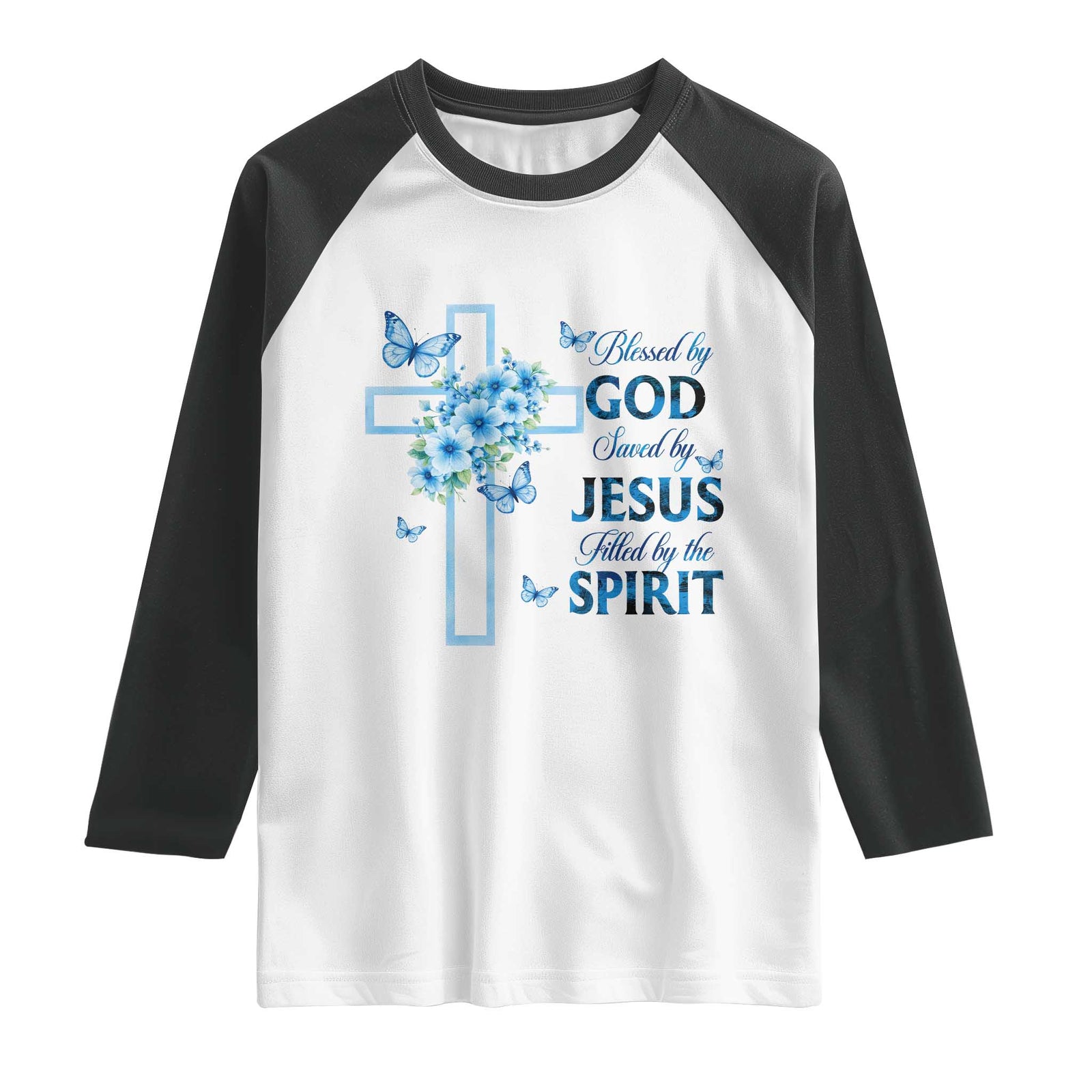 Christian Jesus Raglan Shirt Blessed By God Saved By Jesus Blue Floral Cross Butterfly Art TS10 White Black Print Your Wear