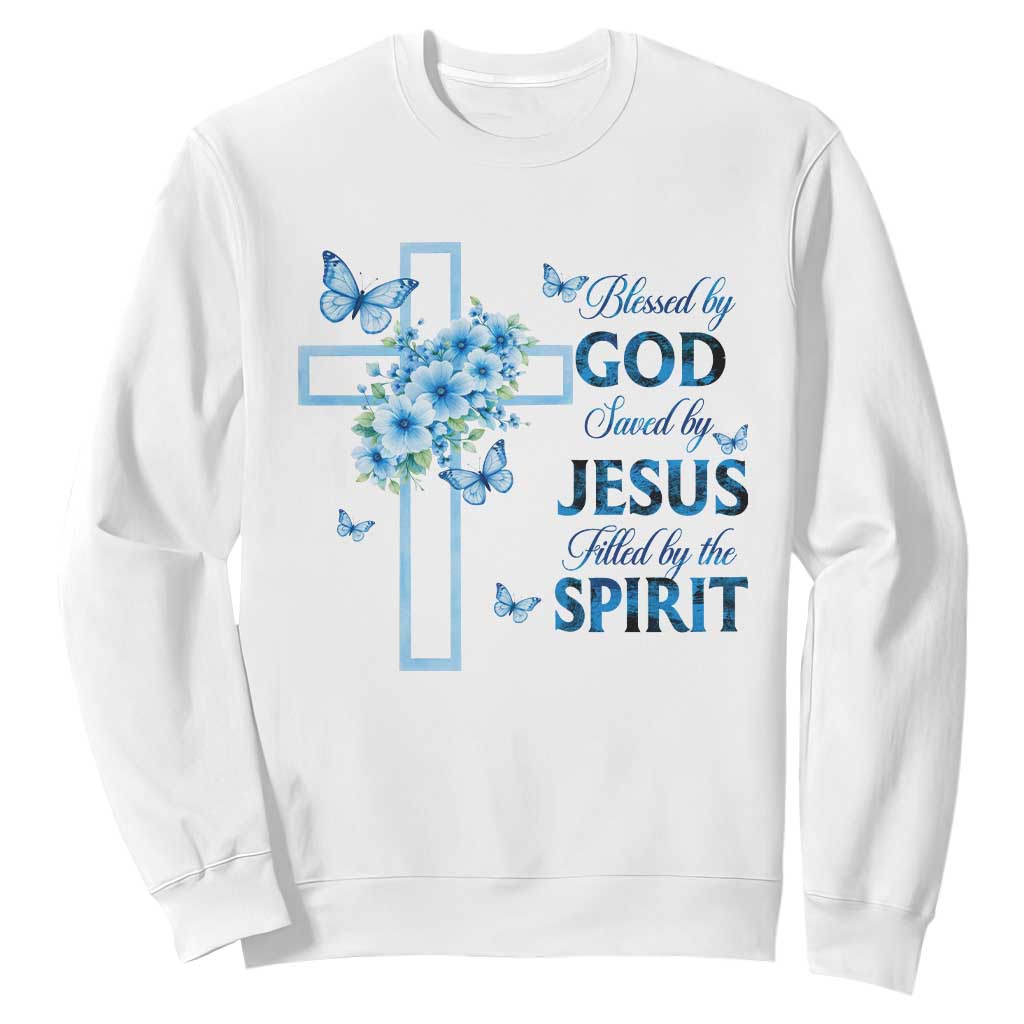 Christian Jesus Sweatshirt Blessed By God Saved By Jesus Blue Floral Cross Butterfly Art TS10 White Print Your Wear