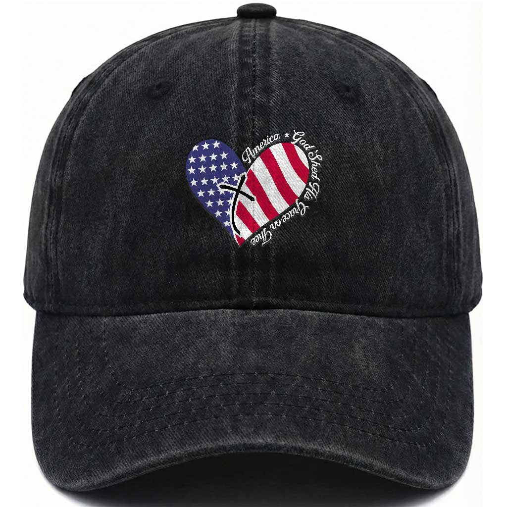 America God Shed His Grace on Thee 4th of July Washed Cotton Baseball Cap Patriotic American Flag Cross TS10 Washed Cap Universal Fit Black Print Your Wear