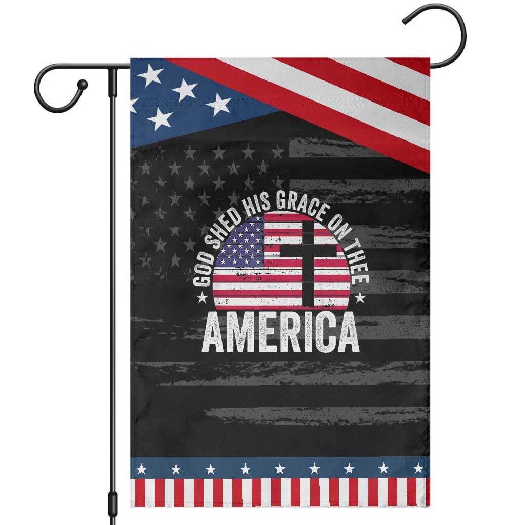 God Shed His Grace On Thee Garden Flag Vintage Patriotic Christian USA Flag Cross TS10 Distressed Black Blue Print Your Wear