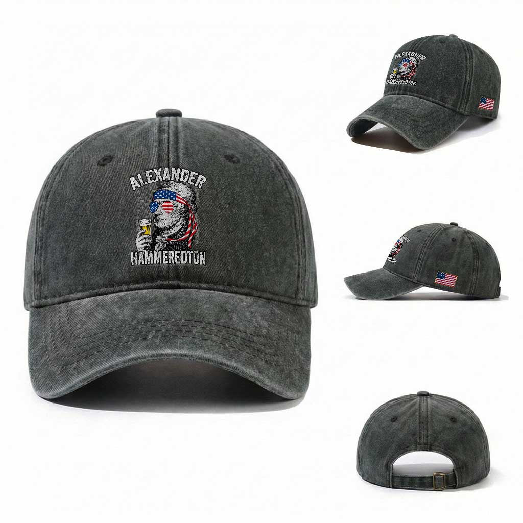 Funny Hamilton Drinking Washed Cotton Baseball Cap Alexander Hammeredton 4th of July Beer Merica Flag TS10 Washed Cap Universal Fit Dark Green Print Your Wear
