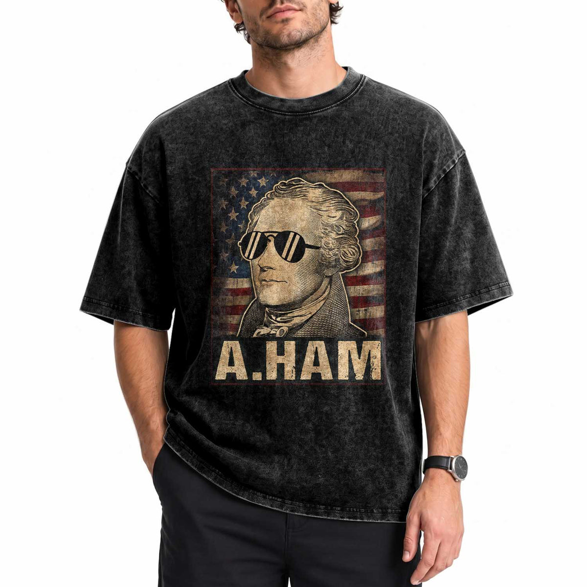 Alexander Hamilton Washed Cotton T-Shirt Vintage American Flag