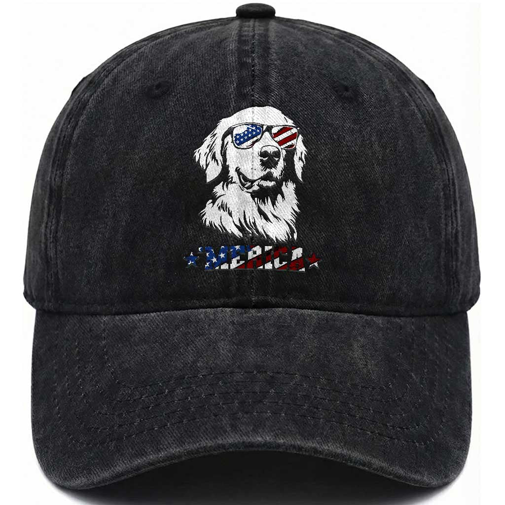 Merica Golden Retriever Washed Cotton Baseball Cap 4th of July Dog Patriotic Dog Mom TS10 Washed Cap Universal Fit Black Print Your Wear