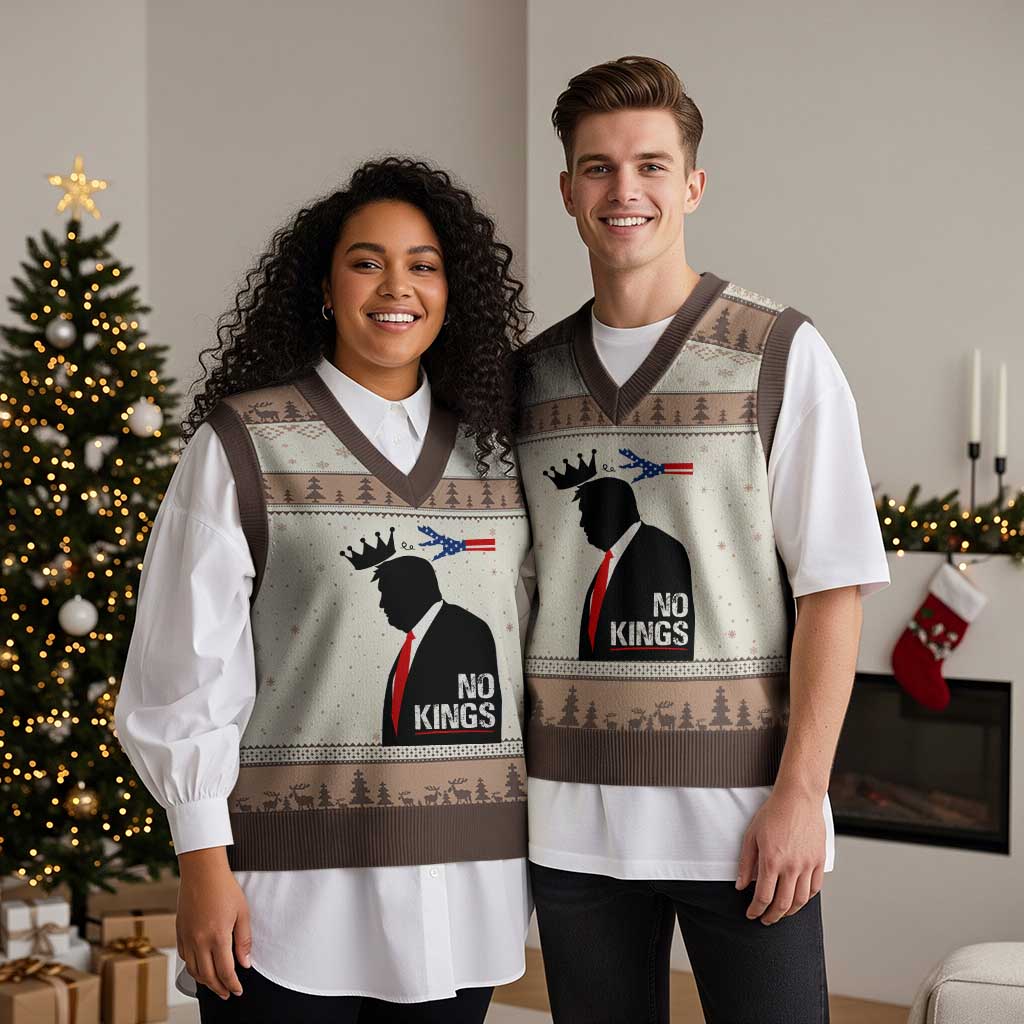 No Kings V-Neck Knit Sweater Vest Funny Resist Meme TS10 Mocha Mousse Print Your Wear