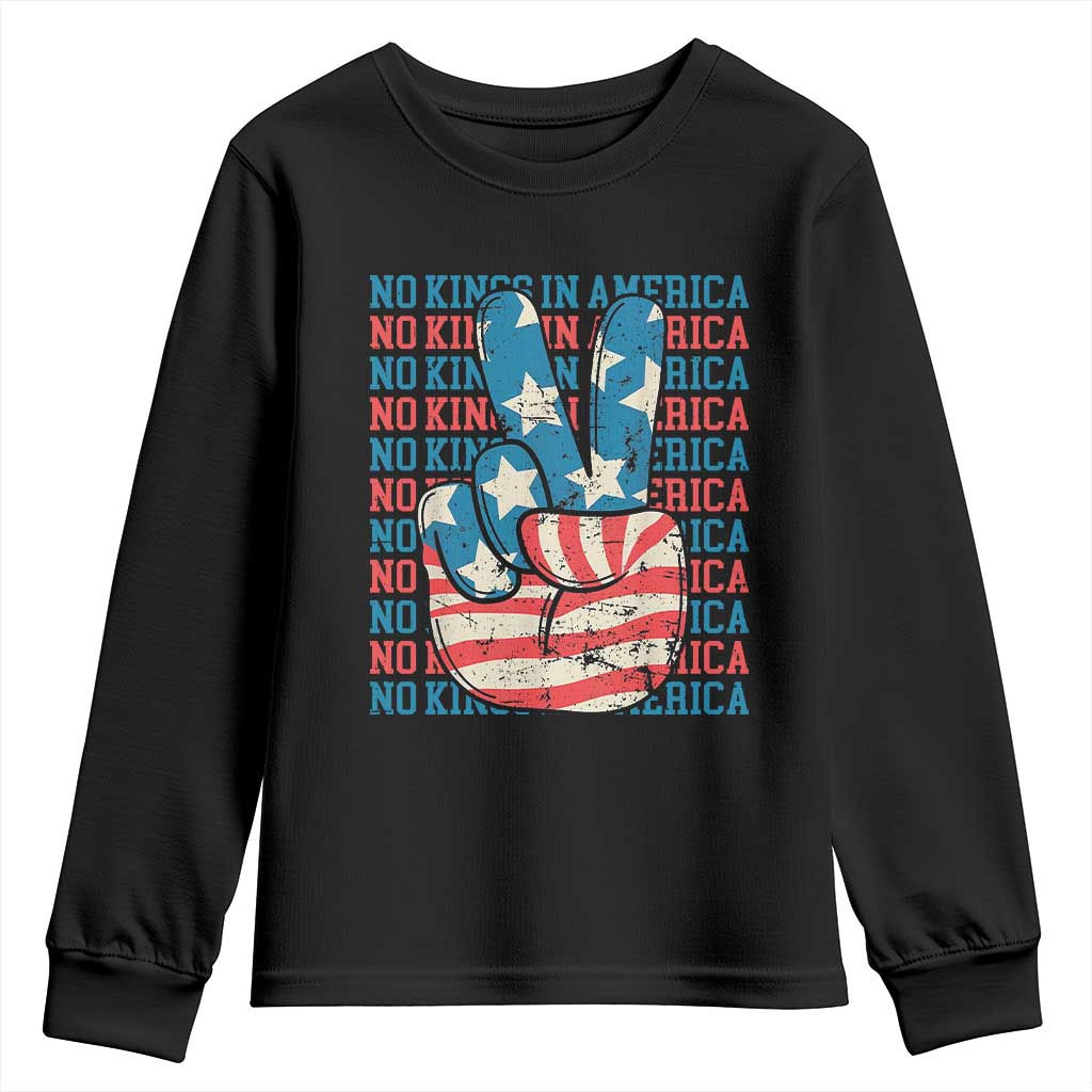 No Kings In America Youth Sweatshirt USA Flag Peace Sign Hand 4th of July Patriotic TS10 Black Print Your Wear