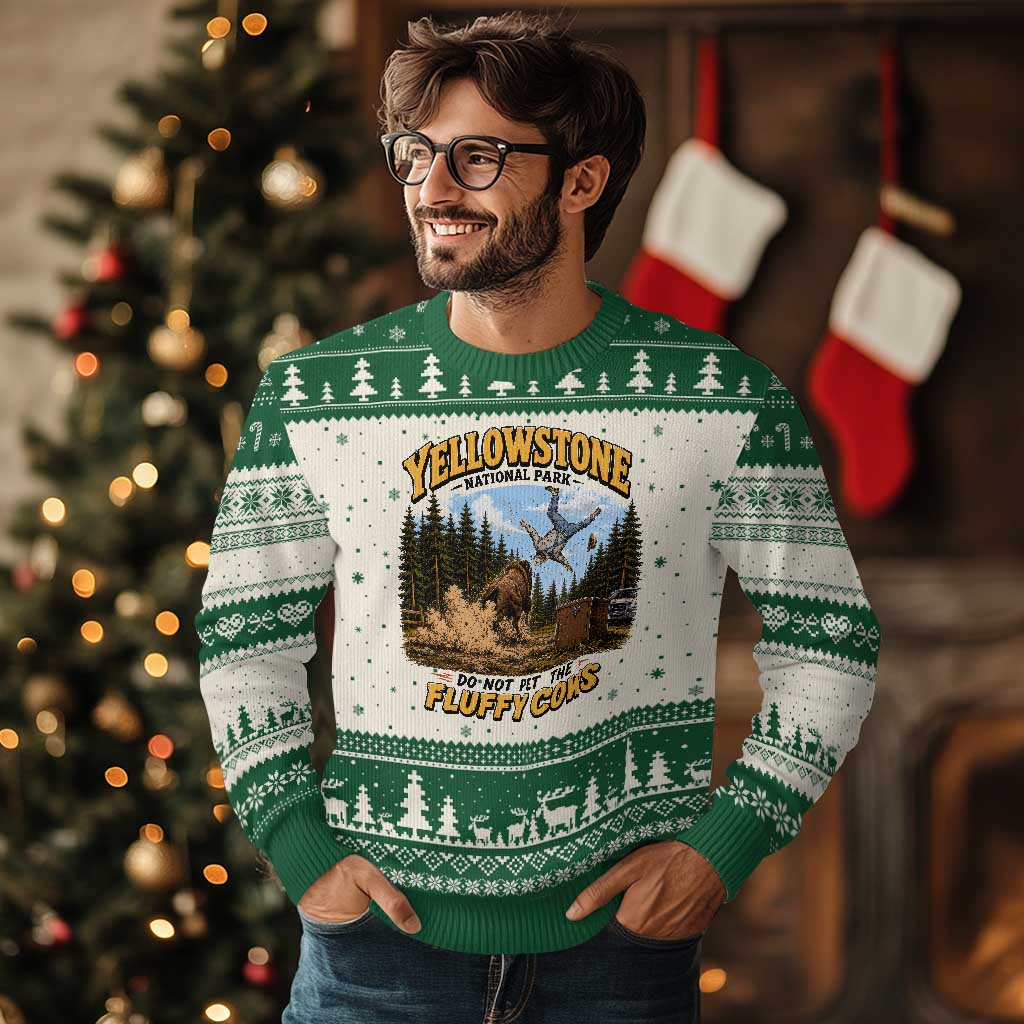 Yellowstone National Park Do Not Pet The Fluffy Cows Bison Ugly Christmas Sweater TS10 Beige Green Print Your Wear