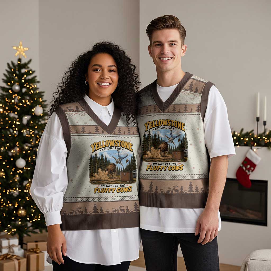 Yellowstone National Park Do Not Pet The Fluffy Cows Bison V-Neck Knit Sweater Vest TS10 Mocha Mousse Print Your Wear