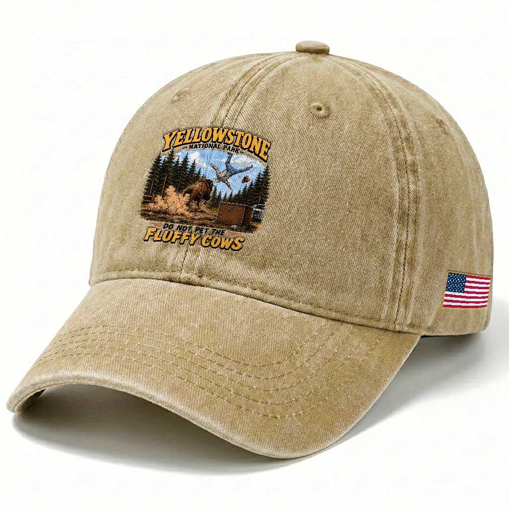 Yellowstone National Park Do Not Pet The Fluffy Cows Bison Washed Cotton Baseball Cap TS10 Print Your Wear