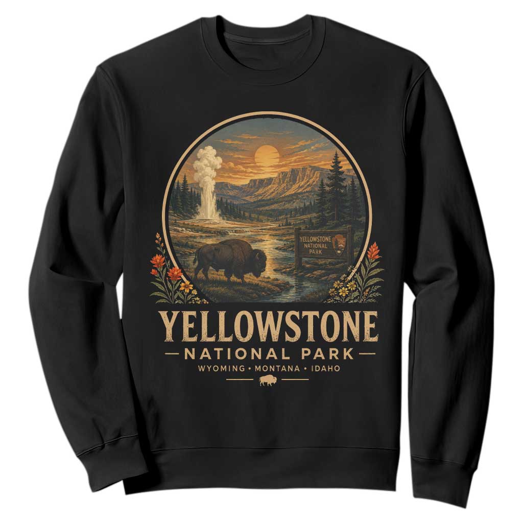 Vintage Yellowstone National Park Vintage Bison Geyser Sweatshirt Wyoming Montana Idaho Hiking Camping TS10 Black Print Your Wear