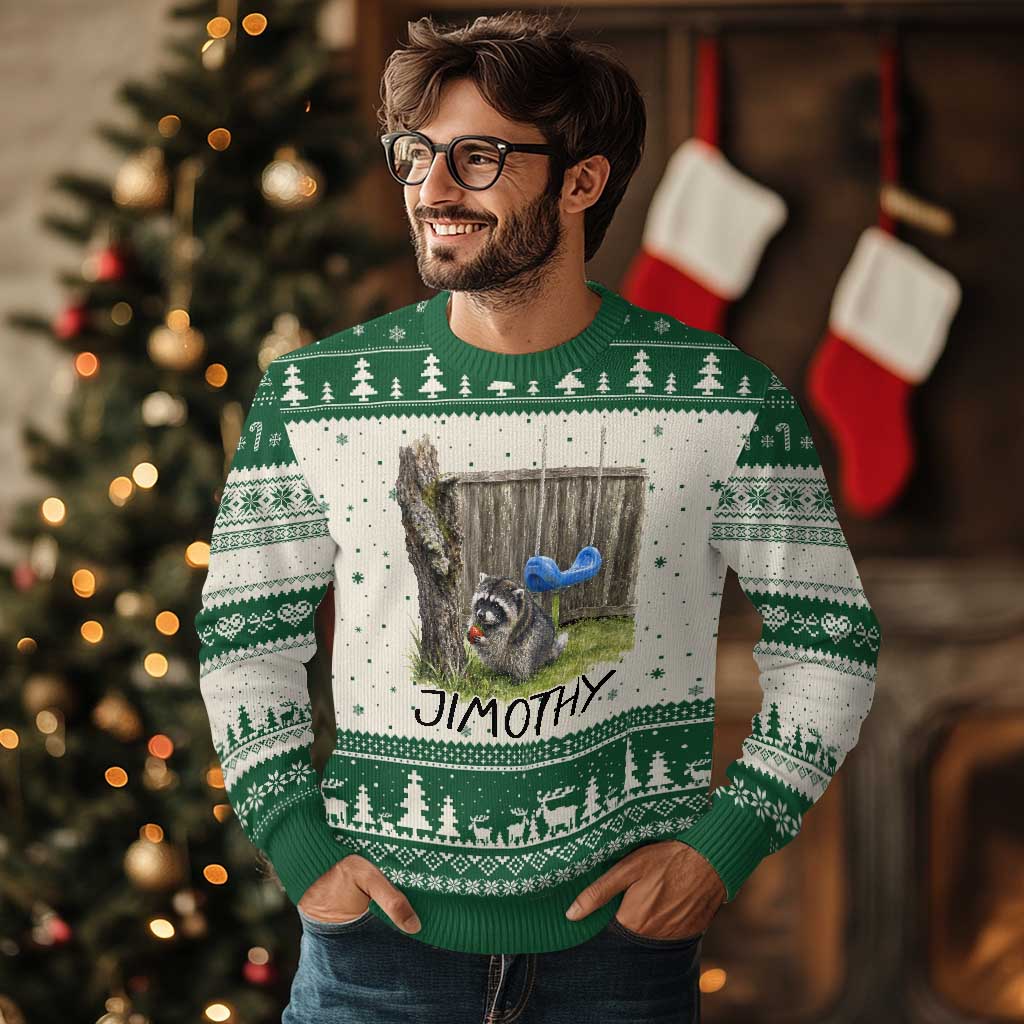 Jimothy Raccoon Ugly Christmas Sweater Cute Seattle Trash Panda Viral Meme TS10 Beige Green Print Your Wear