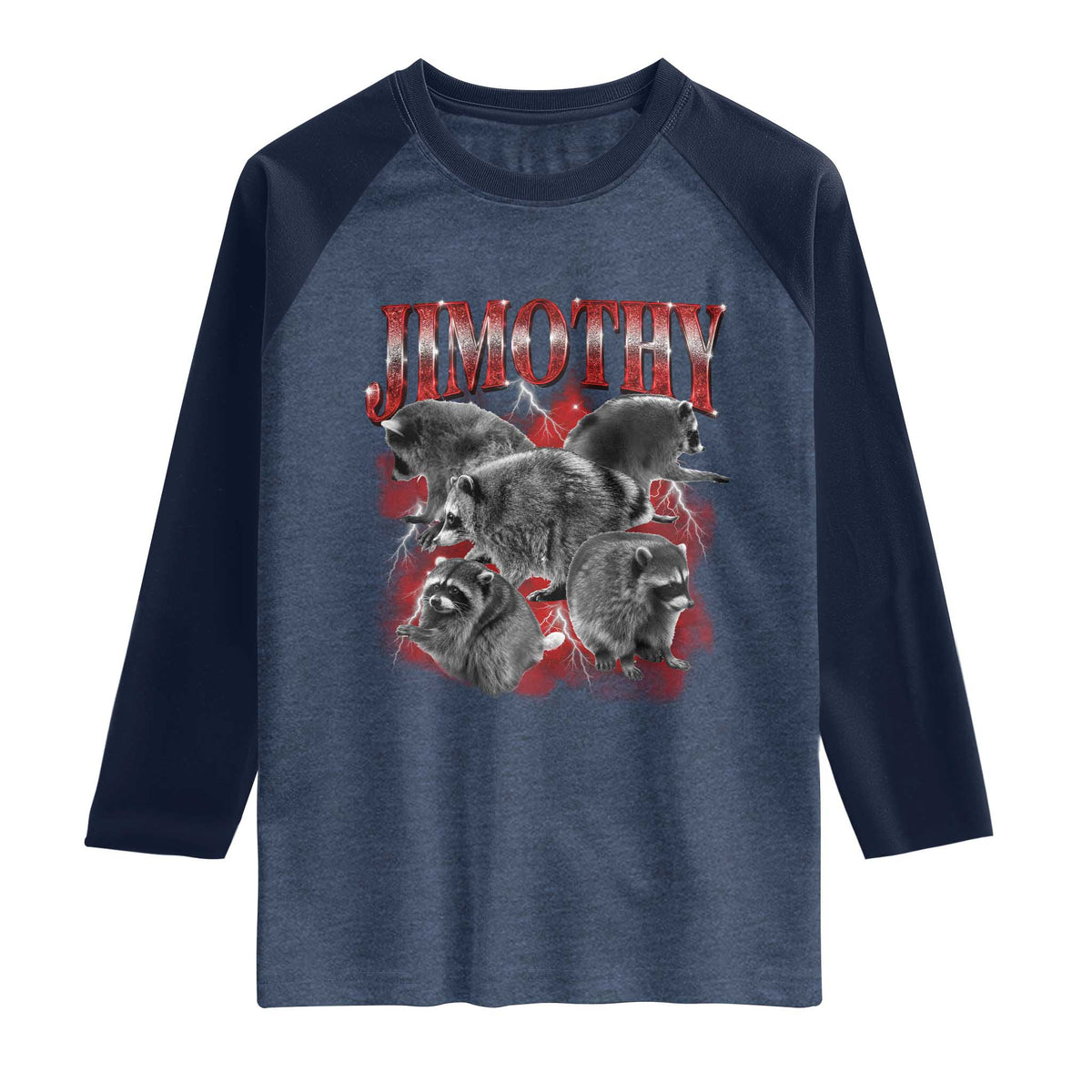 Jimothy Raccoon Raglan Shirt Vintage 90s Bootleg Rap Style Funny Meme TS10 Heather Denim Navy Print Your Wear