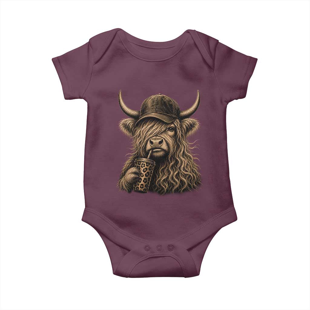 Highland Cow Funny Cute Coffee Lover Graphic Baby Onesie TS10 Maroon Print Your Wear