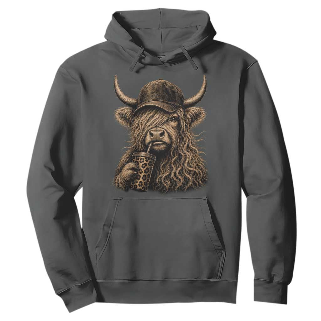 Highland Cow Funny Cute Coffee Lover Graphic Hoodie TS10 Dark Heather Print Your Wear