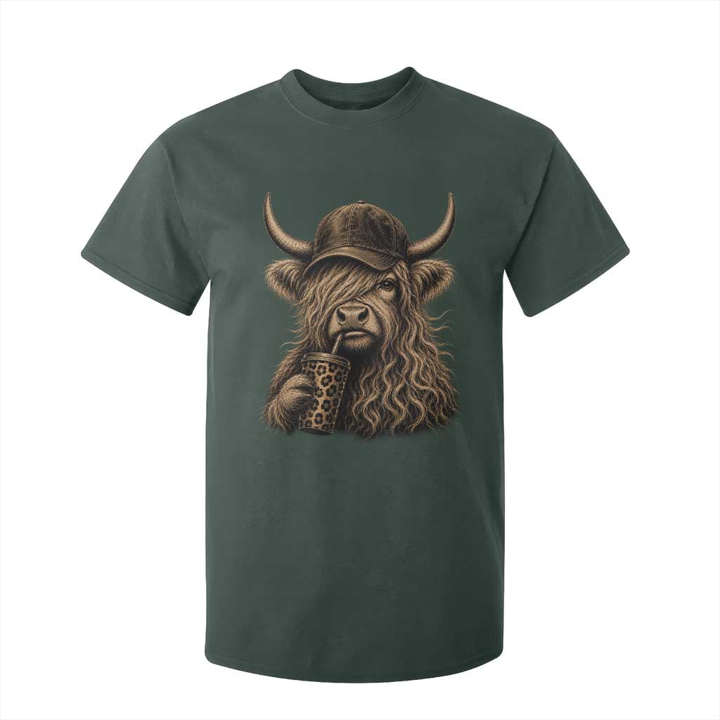 Highland Cow Funny Cute Coffee Lover Graphic T Shirt For Kid TS10 Dark Forest Green Print Your Wear