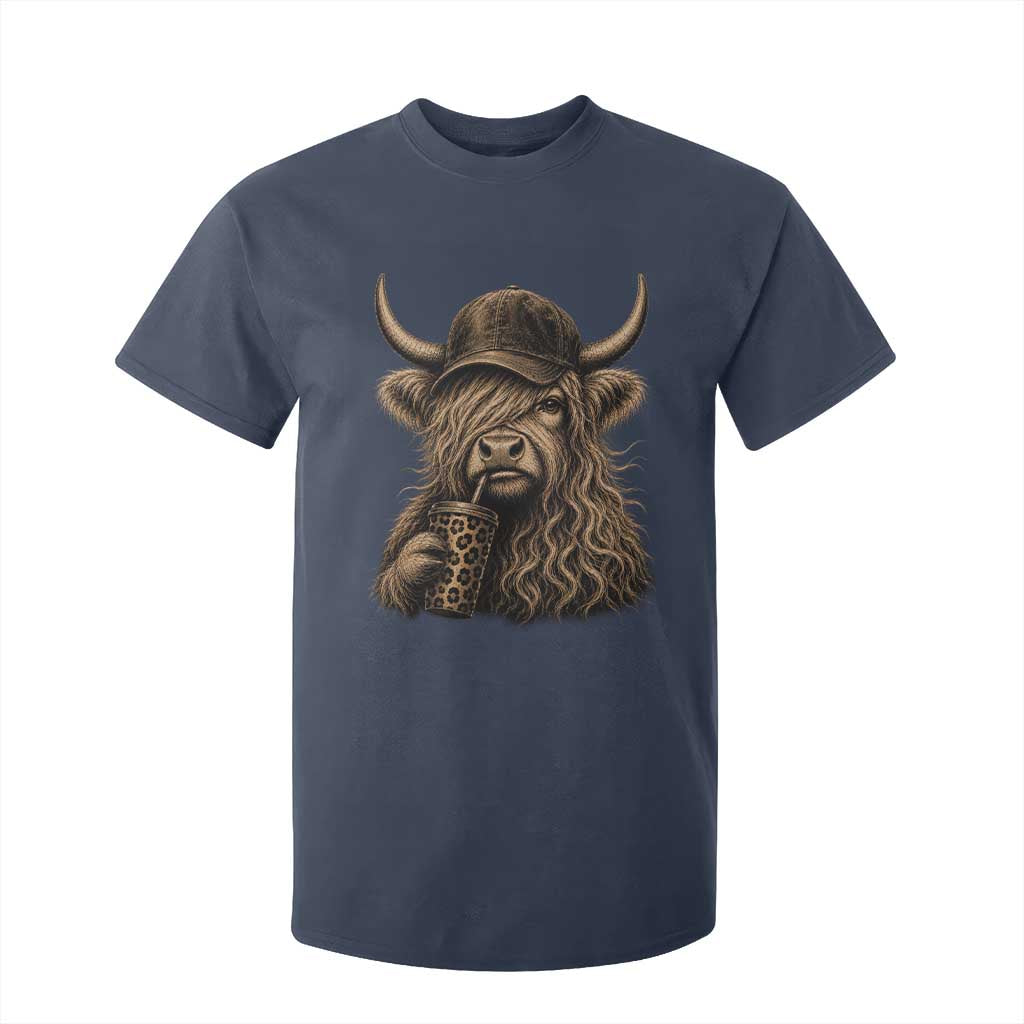 Highland Cow Funny Cute Coffee Lover Graphic T Shirt For Kid TS10 Navy Print Your Wear