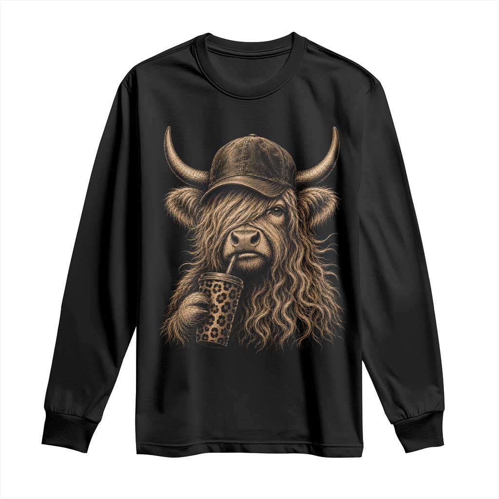 Highland Cow Funny Cute Coffee Lover Graphic Long Sleeve Shirt TS10 Black Print Your Wear