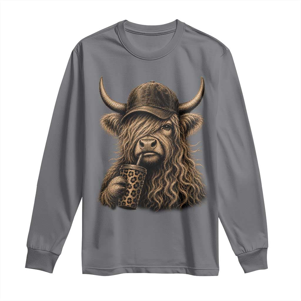Highland Cow Funny Cute Coffee Lover Graphic Long Sleeve Shirt TS10 Charcoal Print Your Wear