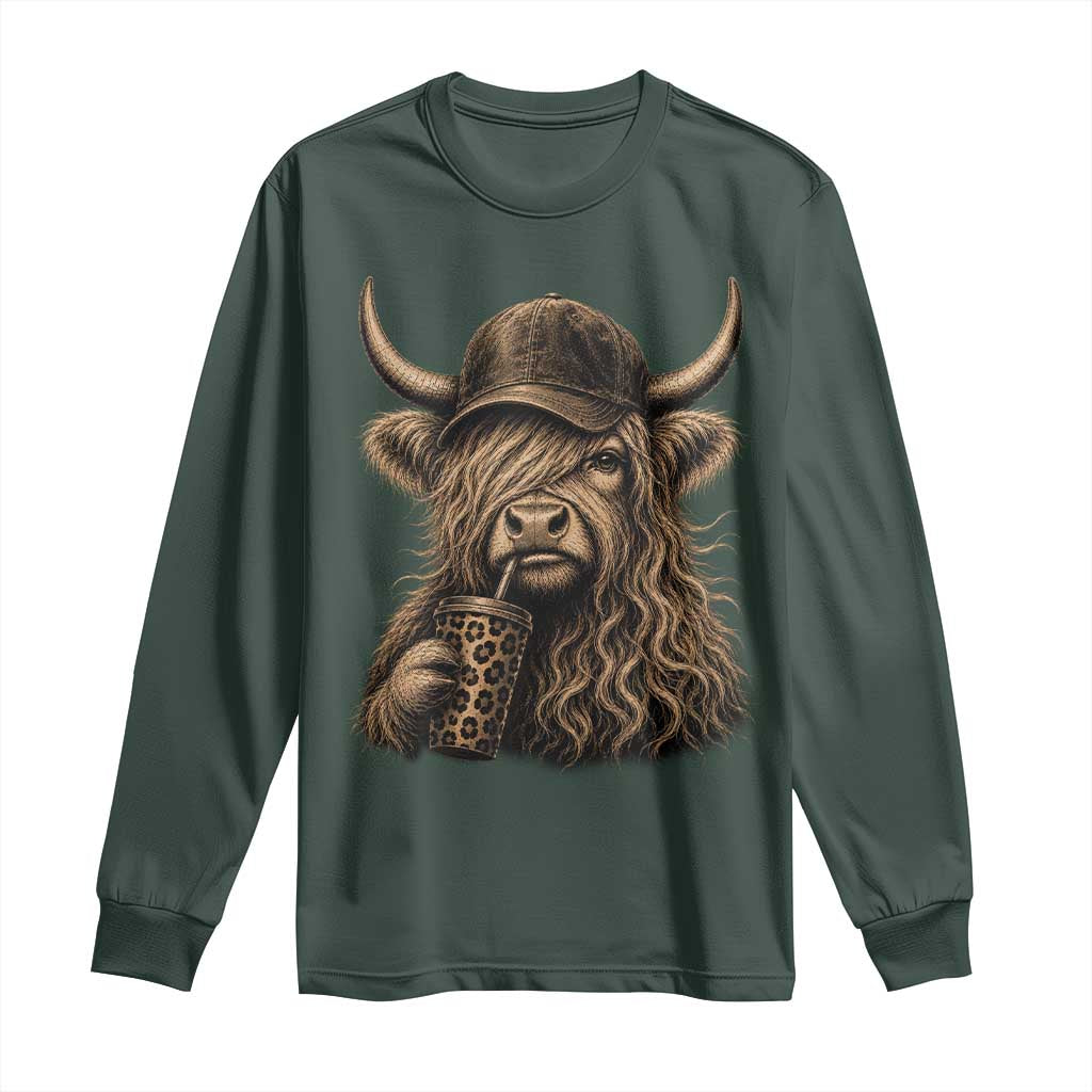 Highland Cow Funny Cute Coffee Lover Graphic Long Sleeve Shirt TS10 Dark Forest Green Print Your Wear