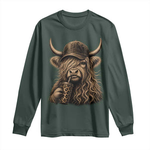 Highland Cow Funny Cute Coffee Lover Graphic Long Sleeve Shirt TS10 Dark Forest Green Print Your Wear