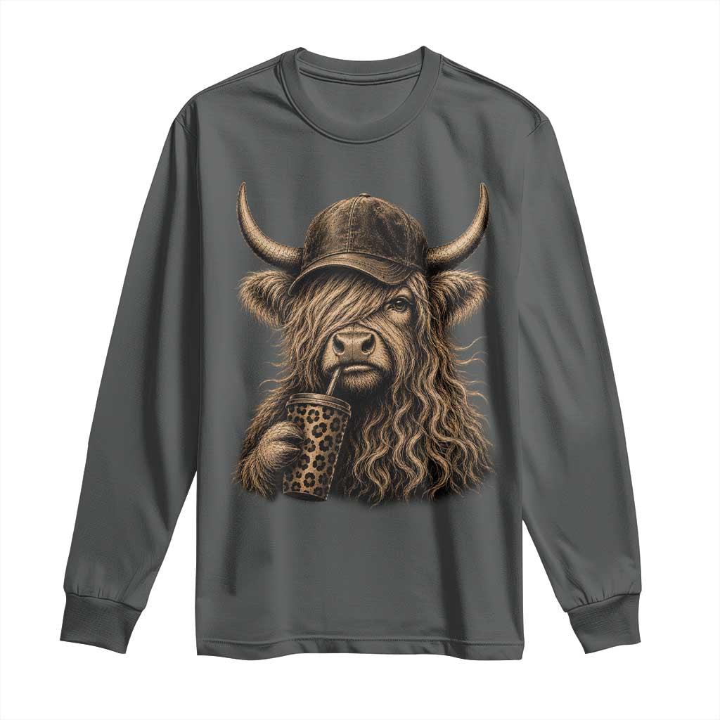 Highland Cow Funny Cute Coffee Lover Graphic Long Sleeve Shirt TS10 Dark Heather Print Your Wear