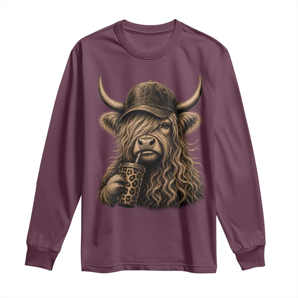 Highland Cow Funny Cute Coffee Lover Graphic Long Sleeve Shirt TS10 Maroon Print Your Wear