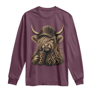 Highland Cow Funny Cute Coffee Lover Graphic Long Sleeve Shirt TS10 Maroon Print Your Wear
