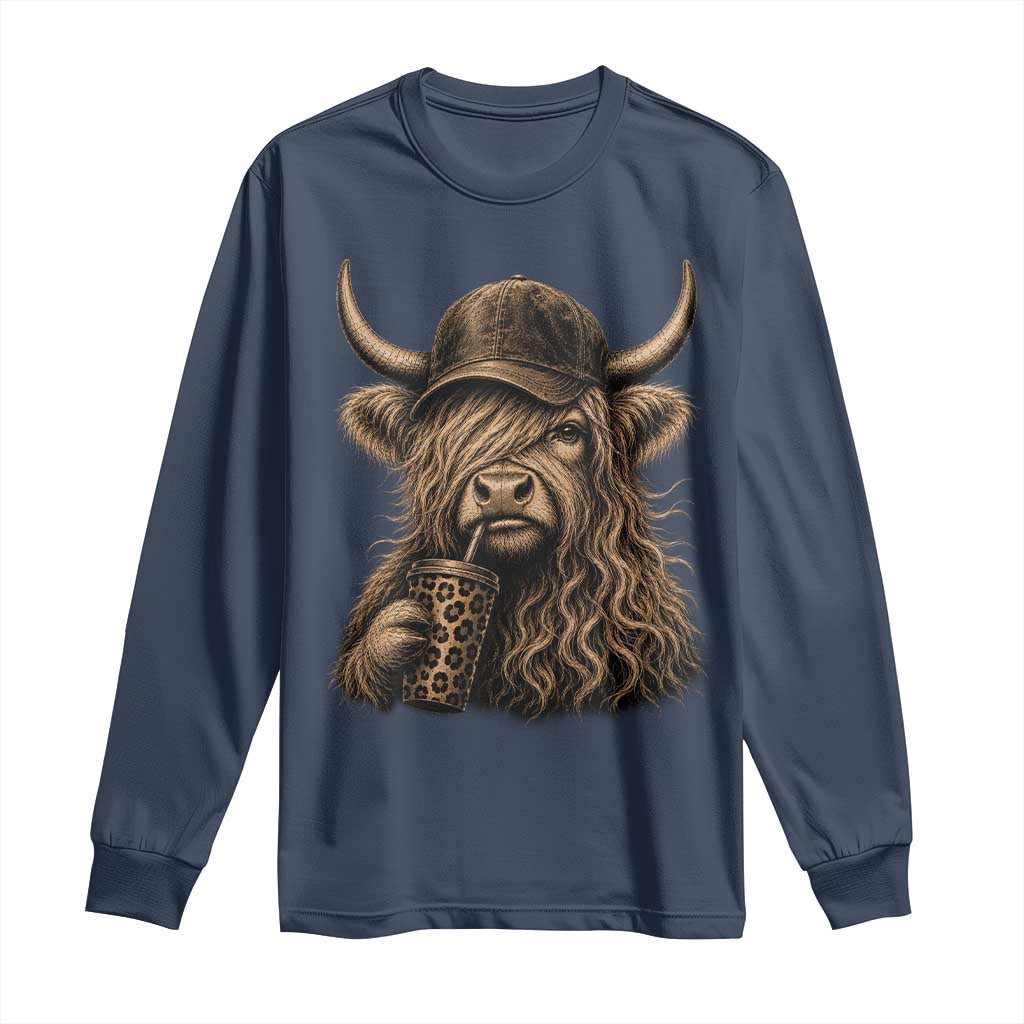 Highland Cow Funny Cute Coffee Lover Graphic Long Sleeve Shirt TS10 Navy Print Your Wear