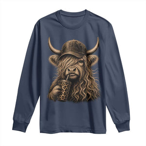 Highland Cow Funny Cute Coffee Lover Graphic Long Sleeve Shirt TS10 Navy Print Your Wear