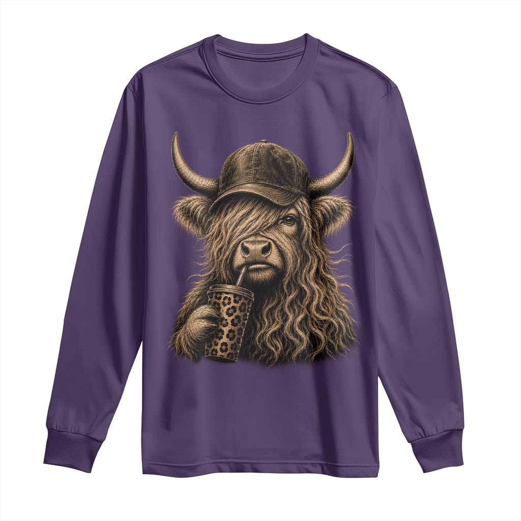 Highland Cow Funny Cute Coffee Lover Graphic Long Sleeve Shirt TS10 Purple Print Your Wear
