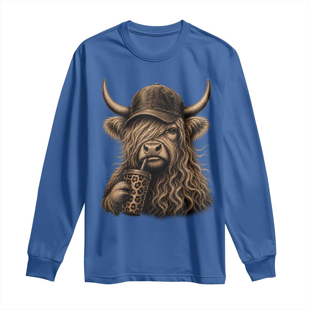 Highland Cow Funny Cute Coffee Lover Graphic Long Sleeve Shirt TS10 Royal Blue Print Your Wear