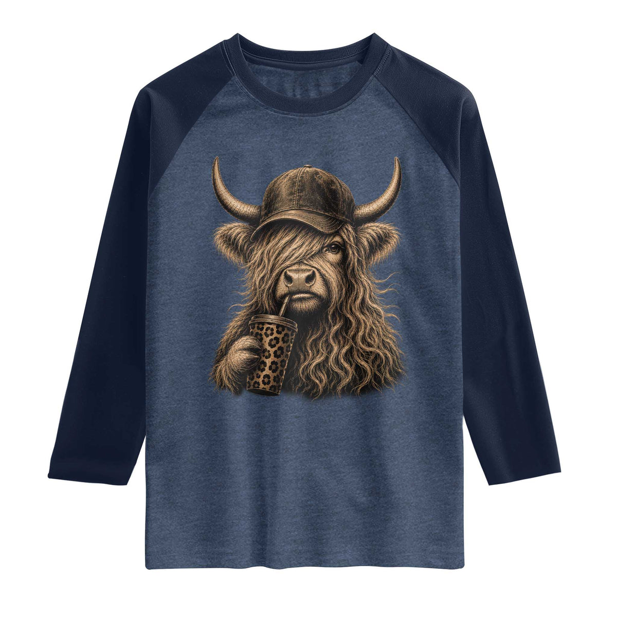 Highland Cow Funny Cute Coffee Lover Graphic Raglan Shirt TS10 Heather Denim Navy Print Your Wear